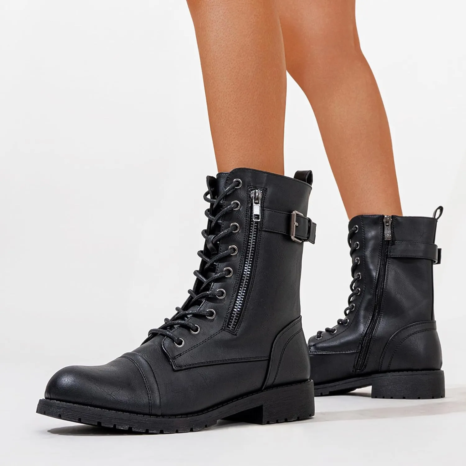 Vepose Women's 928 Combat Boots Low Heel, Mid Calf Military Boots with Card Knife Wallet Pocket