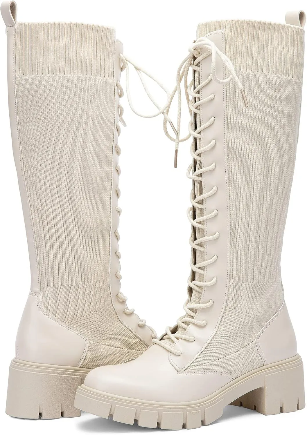 Vepose Women's 953 Lace Platform Combat Knee High Boots with Comfort Chunky Heel