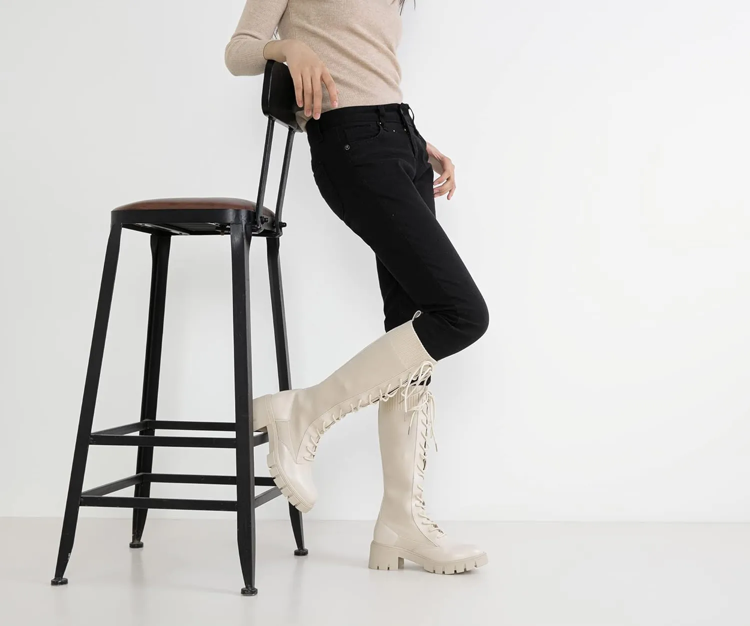 Vepose Women's 953 Lace Platform Combat Knee High Boots with Comfort Chunky Heel