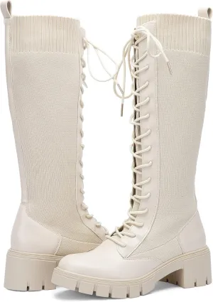 Vepose Women's 953 Lace Platform Combat Knee High Boots with Comfort Chunky Heel