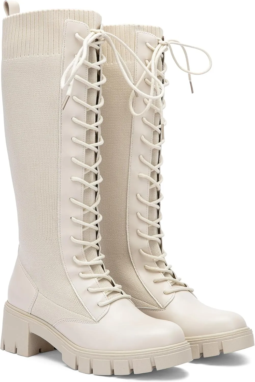 Vepose Women's 953 Lace Platform Combat Knee High Boots with Comfort Chunky Heel