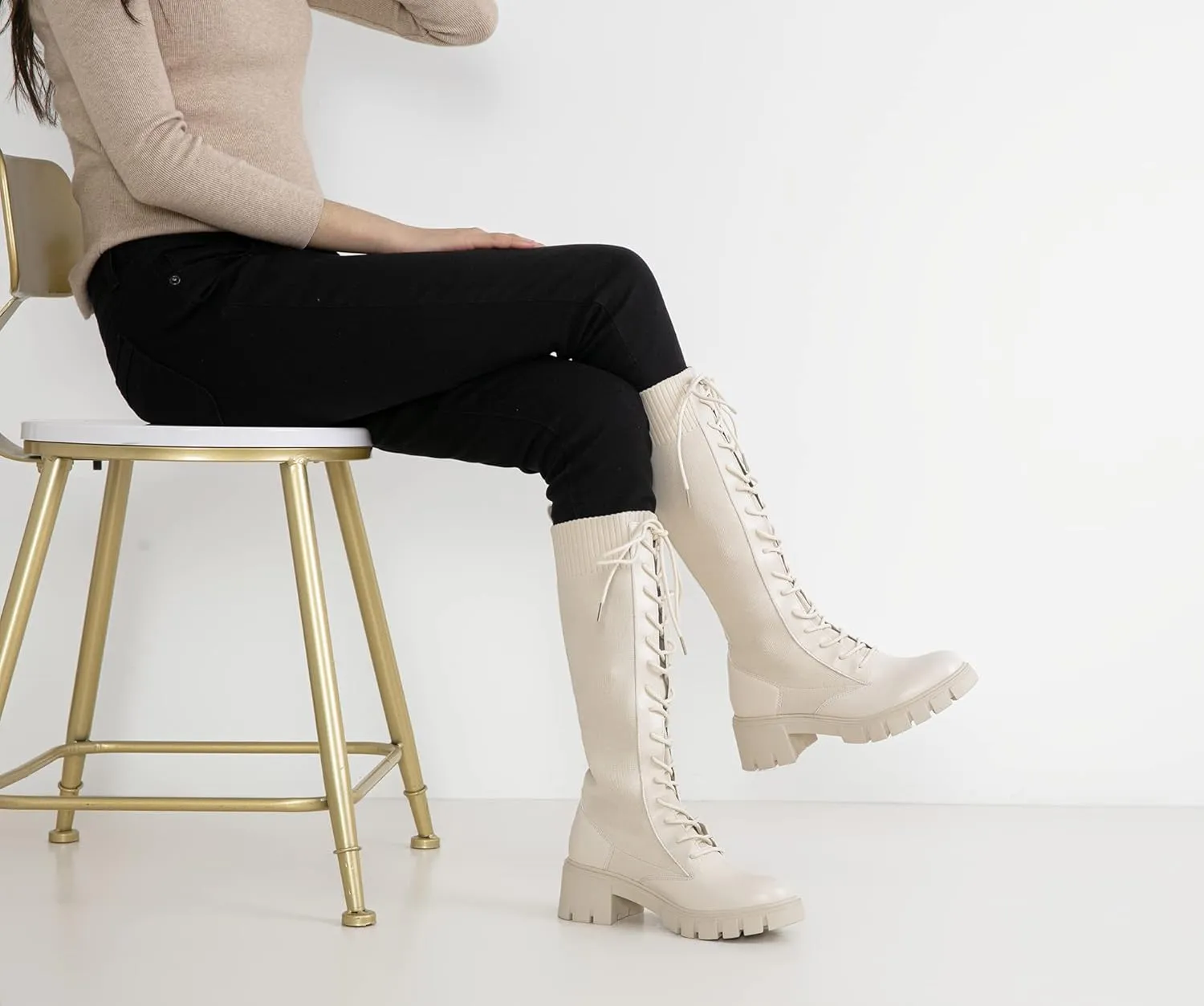 Vepose Women's 953 Lace Platform Combat Knee High Boots with Comfort Chunky Heel