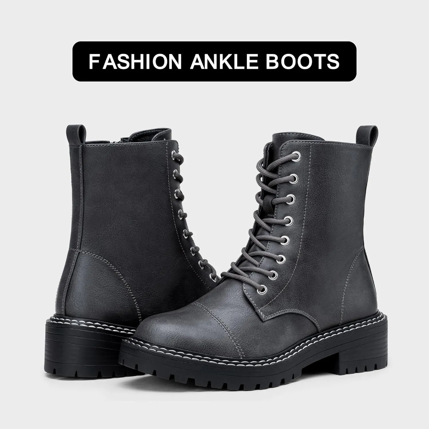 Vepose Women's 9629 Fashion Combat Ankle Boots, Lace up Booties with Inner Zipper
