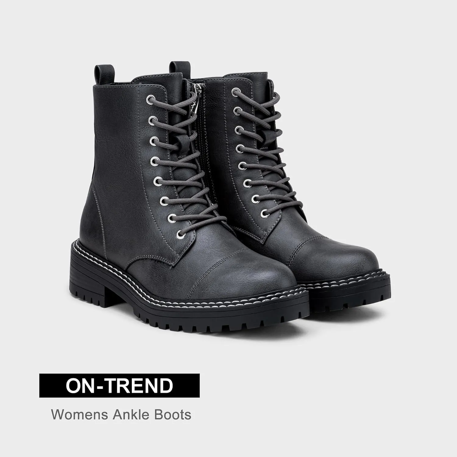 Vepose Women's 9629 Fashion Combat Ankle Boots, Lace up Booties with Inner Zipper