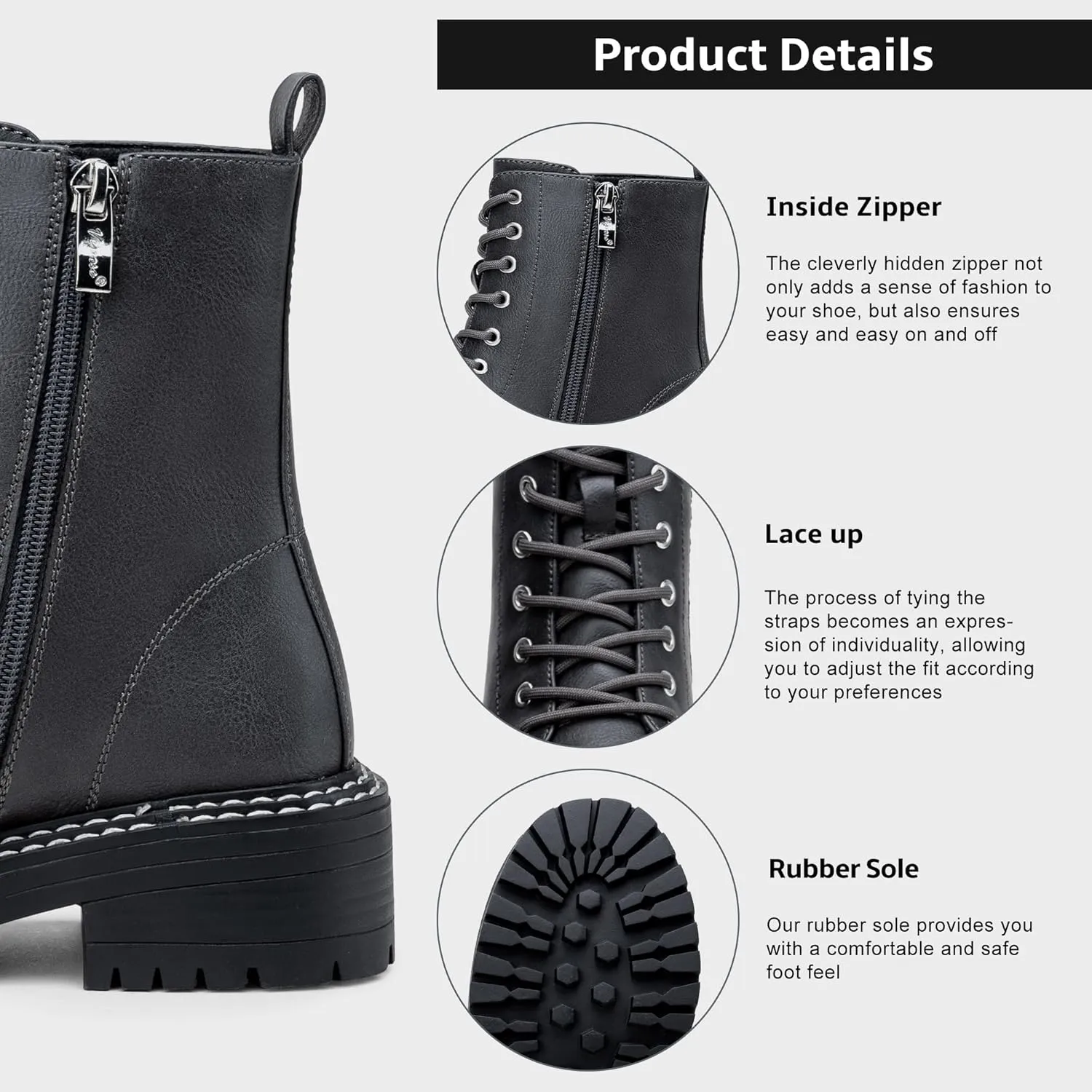 Vepose Women's 9629 Fashion Combat Ankle Boots, Lace up Booties with Inner Zipper