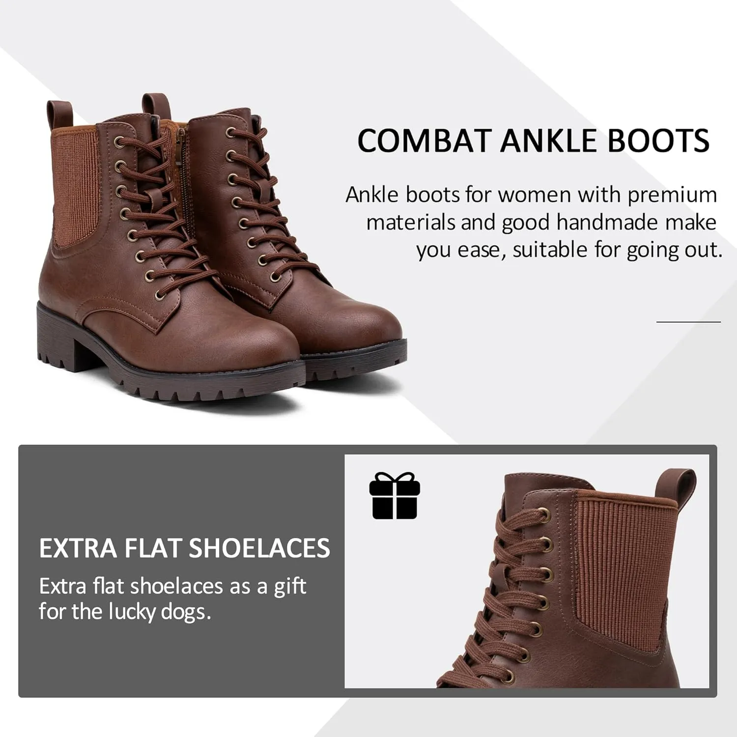 Vepose Women's Ankle Boots, Combat Lace up Booties with Inside Zipper
