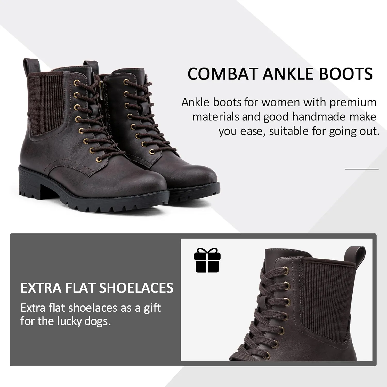 Vepose Women's Ankle Boots, Combat Lace up Booties with Inside Zipper
