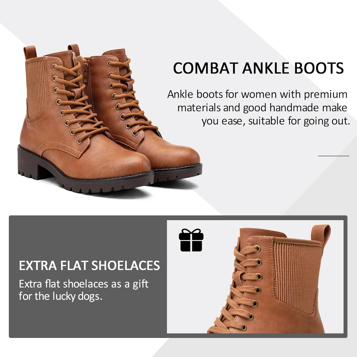 Vepose Women's Ankle Boots, Combat Lace up Booties with Inside Zipper