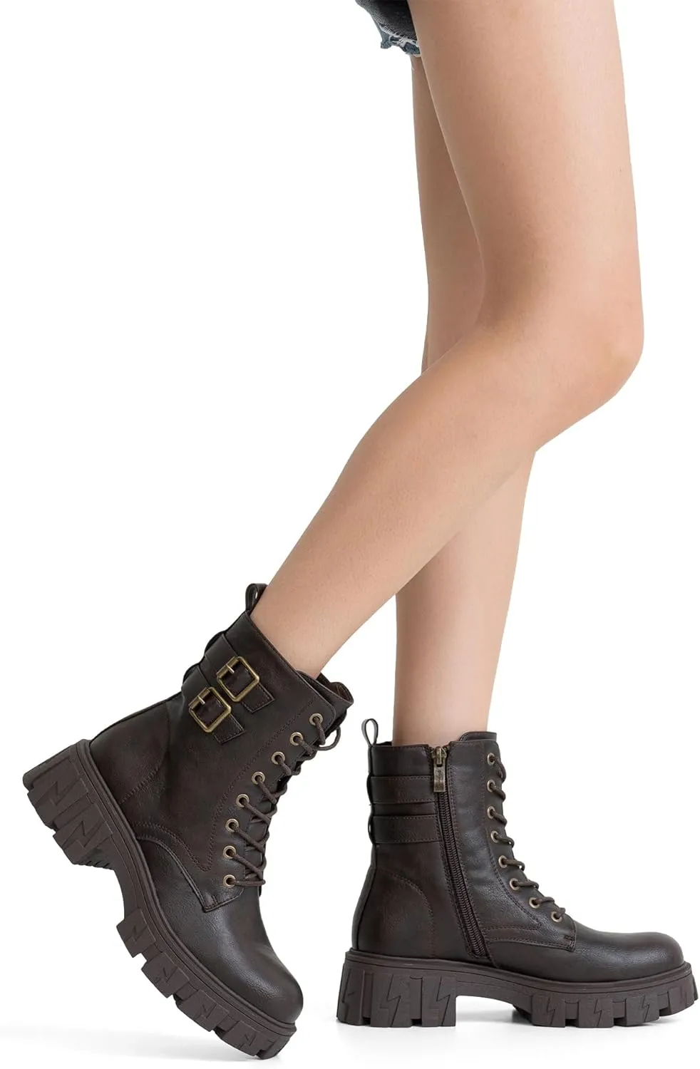Vepose Women's Combat Boots, Platform Ankle Booties Lace up Chunky Heel with Inner Zipper