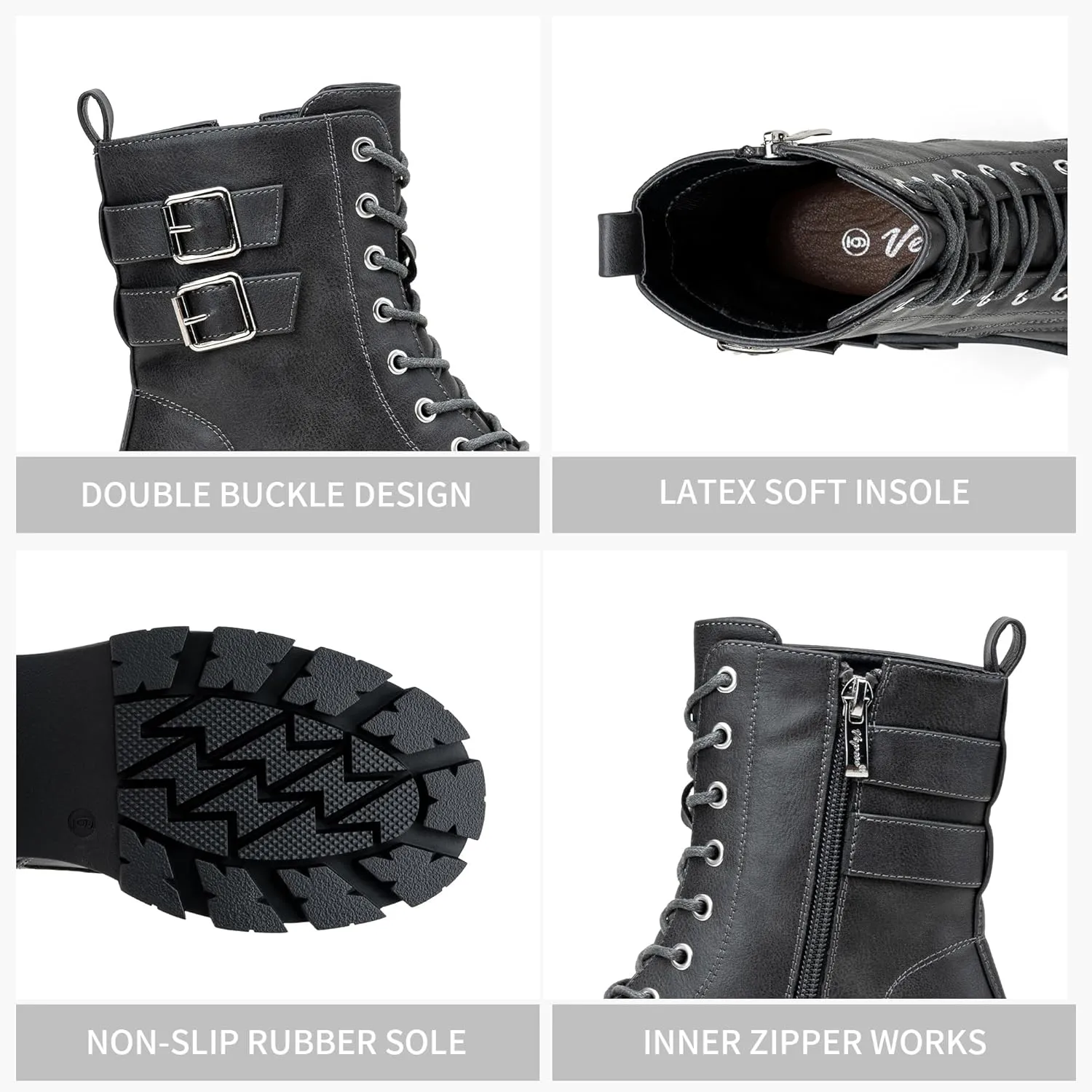 Vepose Women's Combat Boots, Platform Ankle Booties Lace up Chunky Heel with Inner Zipper