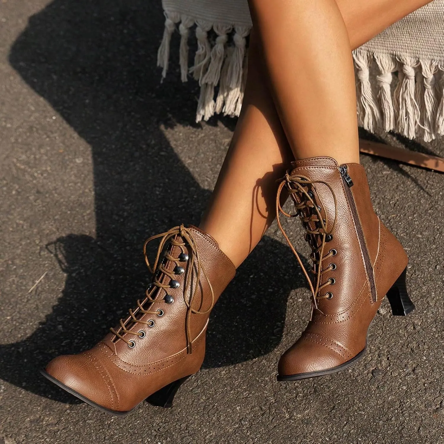 Victorian Boots for Women Vintage Granny Boots Renaissance Lace Up Low Heel Booties with Side Zippers Ankle Boots