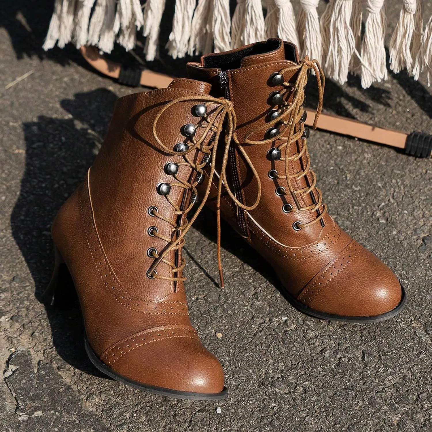 Victorian Boots for Women Vintage Granny Boots Renaissance Lace Up Low Heel Booties with Side Zippers Ankle Boots