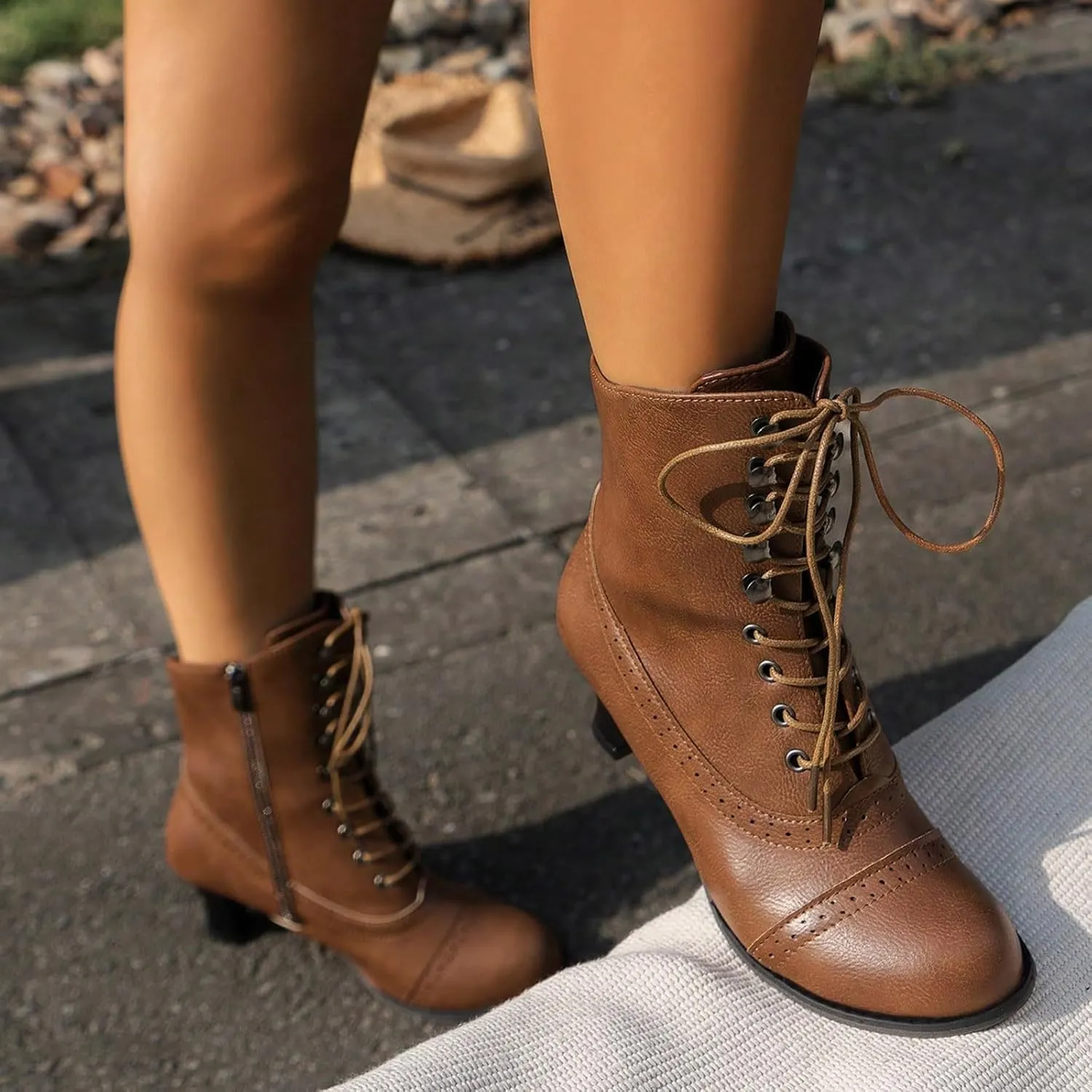 Victorian Boots for Women Vintage Granny Boots Renaissance Lace Up Low Heel Booties with Side Zippers Ankle Boots