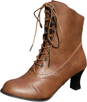 Victorian Boots for Women Vintage Granny Boots Renaissance Lace Up Low Heel Booties with Side Zippers Ankle Boots