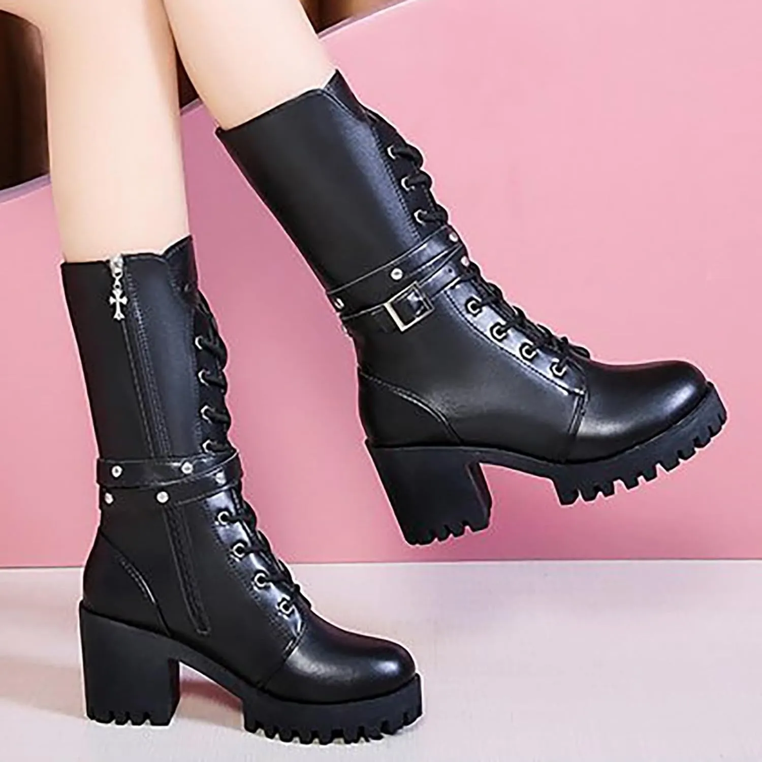 Victorian Boots for Women Women's Ankle Bootie Winter Lace up Mid Calf Military Combat Boots Vintage Party Boots