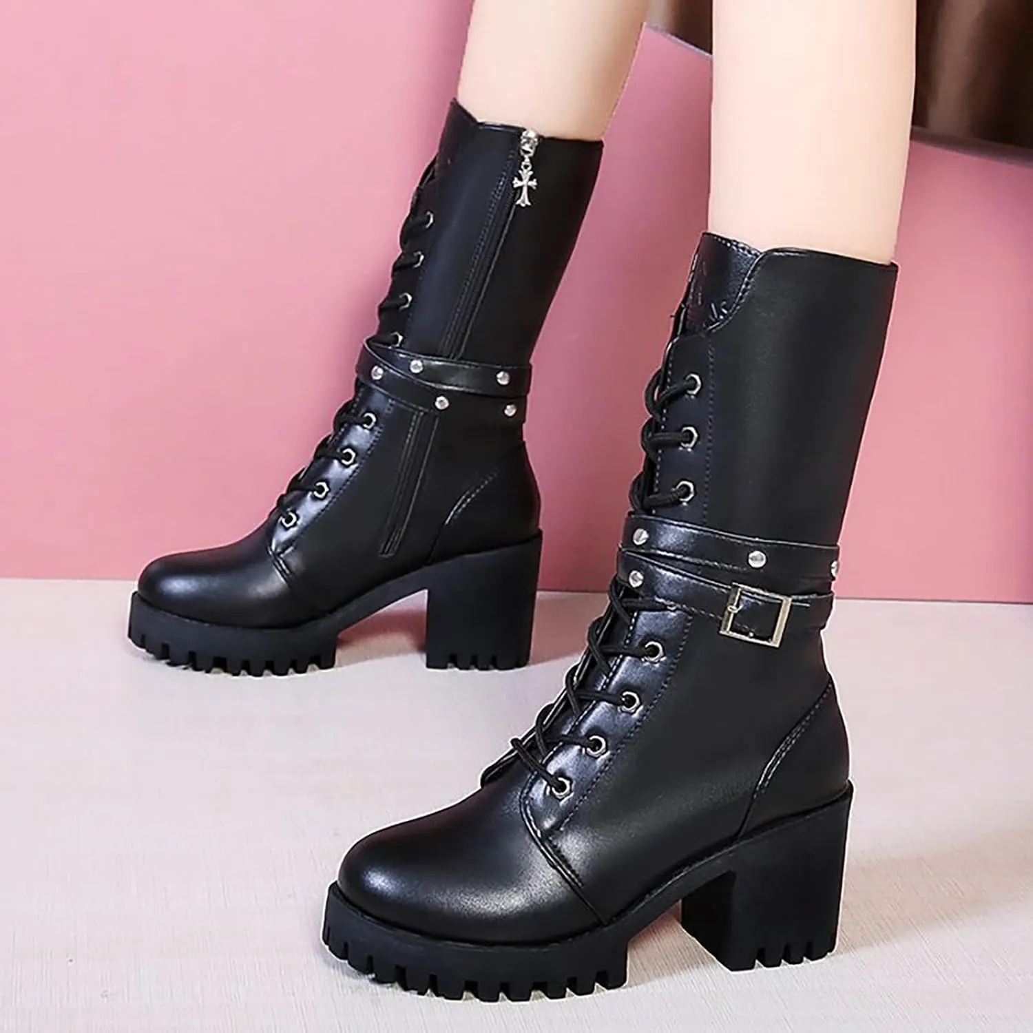 Victorian Boots for Women Women's Ankle Bootie Winter Lace up Mid Calf Military Combat Boots Vintage Party Boots
