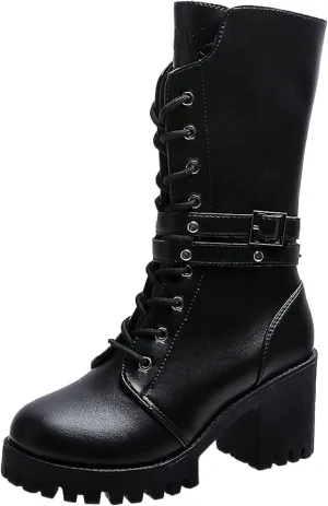 Victorian Boots for Women Women's Ankle Bootie Winter Lace up Mid Calf Military Combat Boots Vintage Party Boots