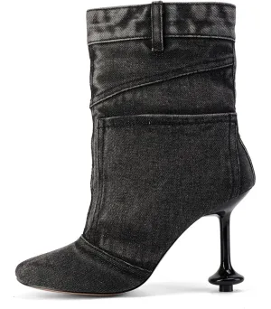 Vintage Denim Stiletto High Heeled Cowboy Pockets Boots for Women, Mid Wide Calf Round Toe with Metal Button for Fashion Dress Booties