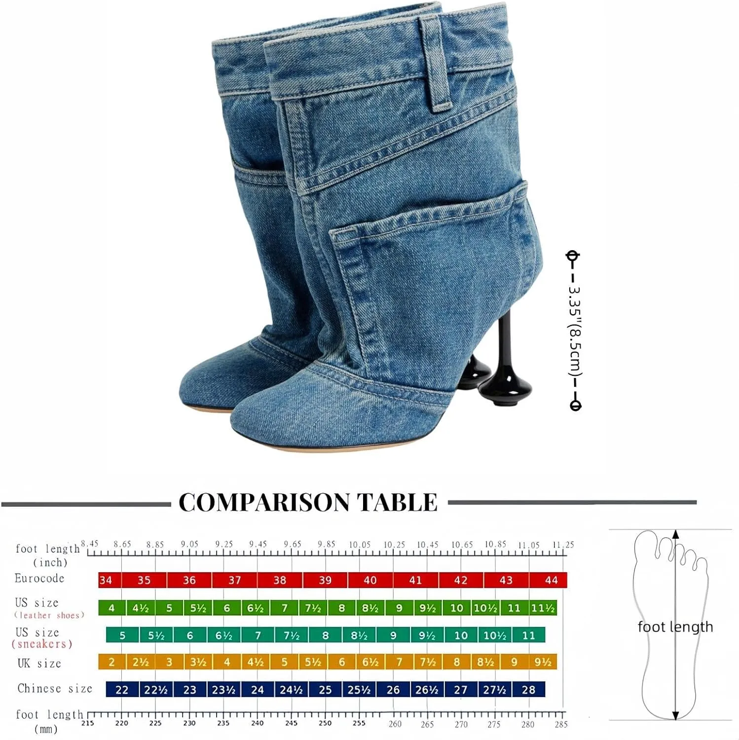 Vintage Denim Stiletto High Heeled Cowboy Pockets Boots for Women, Mid Wide Calf Round Toe with Metal Button for Fashion Dress Booties