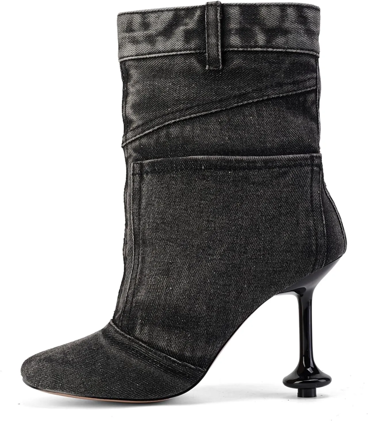 Vintage Denim Stiletto High Heeled Cowboy Pockets Boots for Women, Mid Wide Calf Round Toe with Metal Button for Fashion Dress Booties