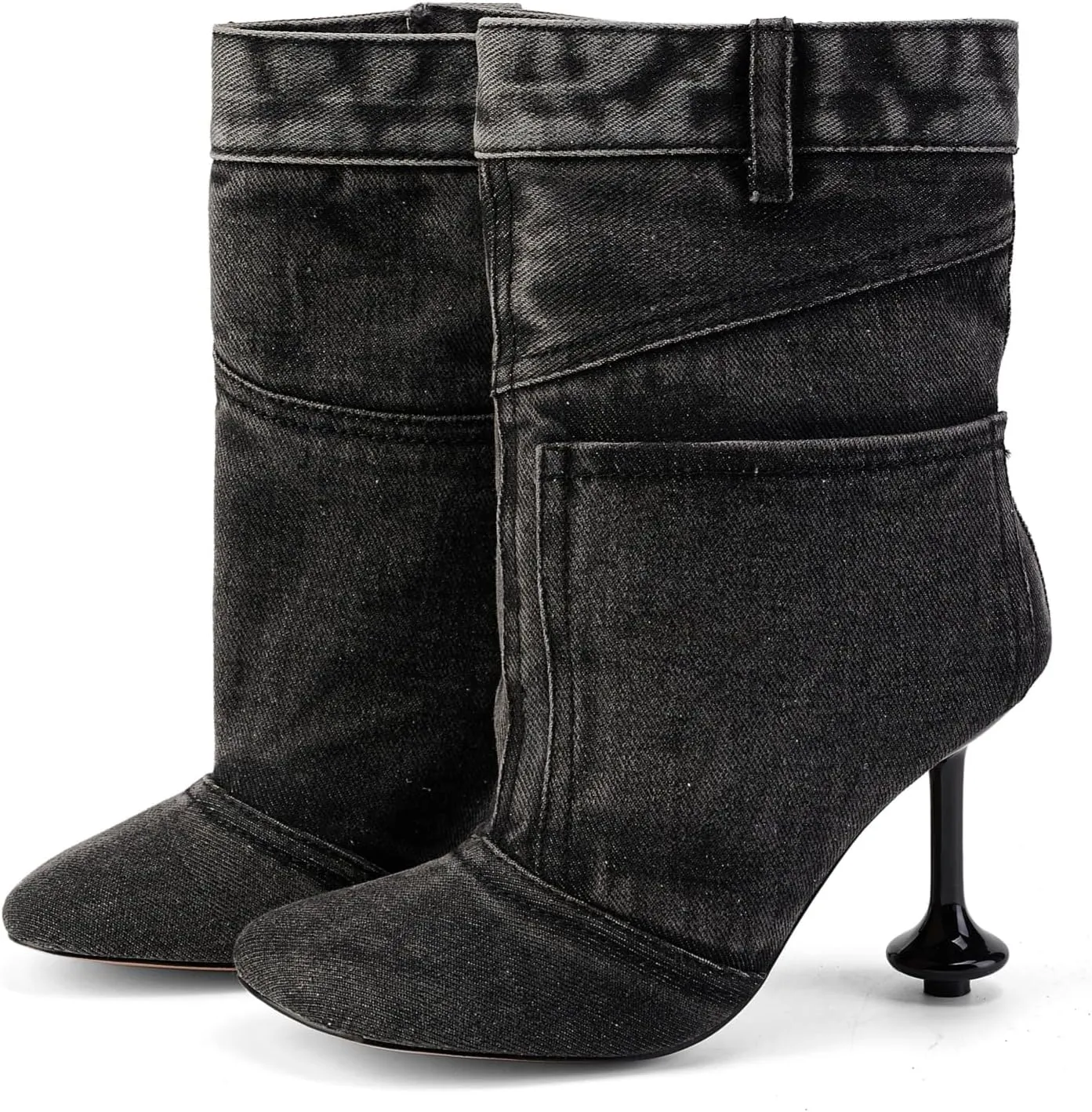 Vintage Denim Stiletto High Heeled Cowboy Pockets Boots for Women, Mid Wide Calf Round Toe with Metal Button for Fashion Dress Booties