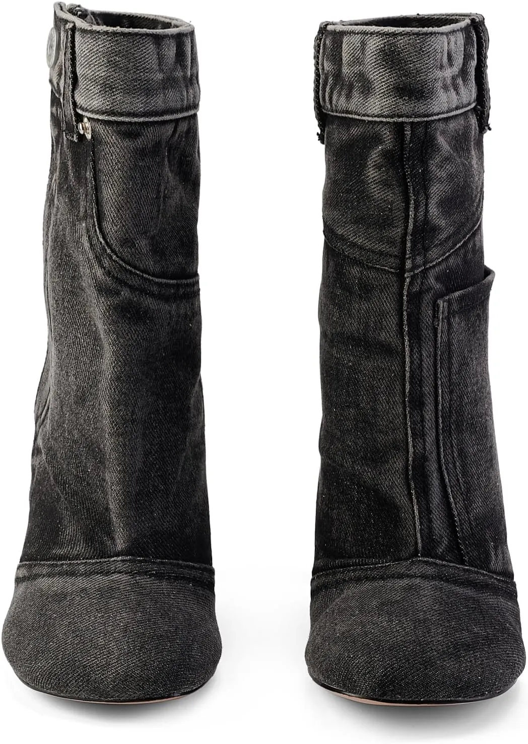 Vintage Denim Stiletto High Heeled Cowboy Pockets Boots for Women, Mid Wide Calf Round Toe with Metal Button for Fashion Dress Booties