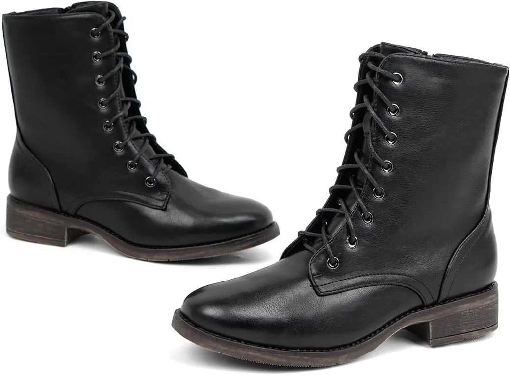 VJH confort Women's Mid Calf Boots Lace-up Military Combat Low Heel Booties with Zipper
