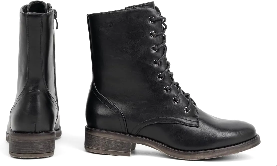 VJH confort Women's Mid Calf Boots Lace-up Military Combat Low Heel Booties with Zipper