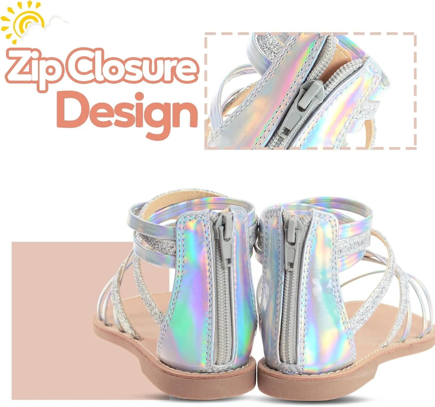 Vonair Girls Sandals Strappy Gladiator with Zipper Comfort Summer Shoes