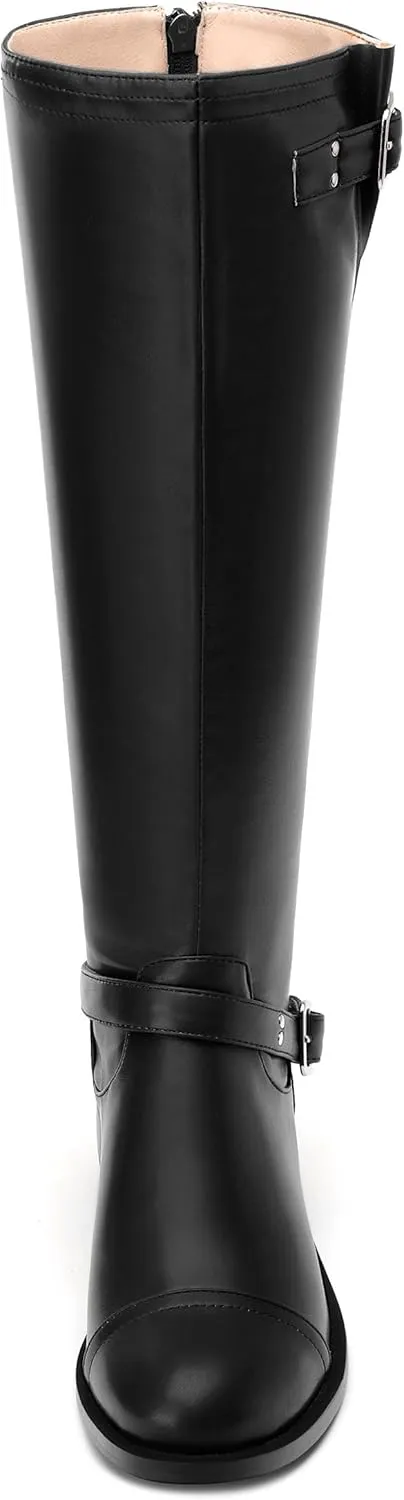 WAYDERNS Knee High Boots for Women Low Heel Round Toe 1 Inch Tall Boots Zipper Comfortable Riding Party Fall Winter Boots