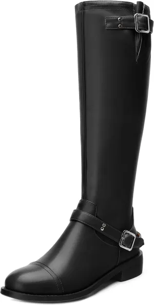 WAYDERNS Knee High Boots for Women Low Heel Round Toe 1 Inch Tall Boots Zipper Comfortable Riding Party Fall Winter Boots