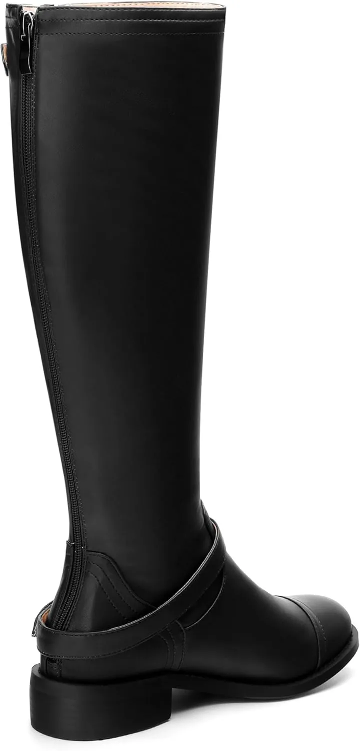 WAYDERNS Knee High Boots for Women Low Heel Round Toe 1 Inch Tall Boots Zipper Comfortable Riding Party Fall Winter Boots