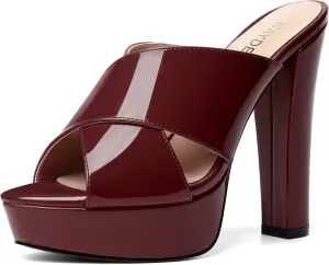 WAYDERNS Womens Slip On Patent Peep Toe Dating Fashion Block High Heel Platforms Sandals 5 Inch