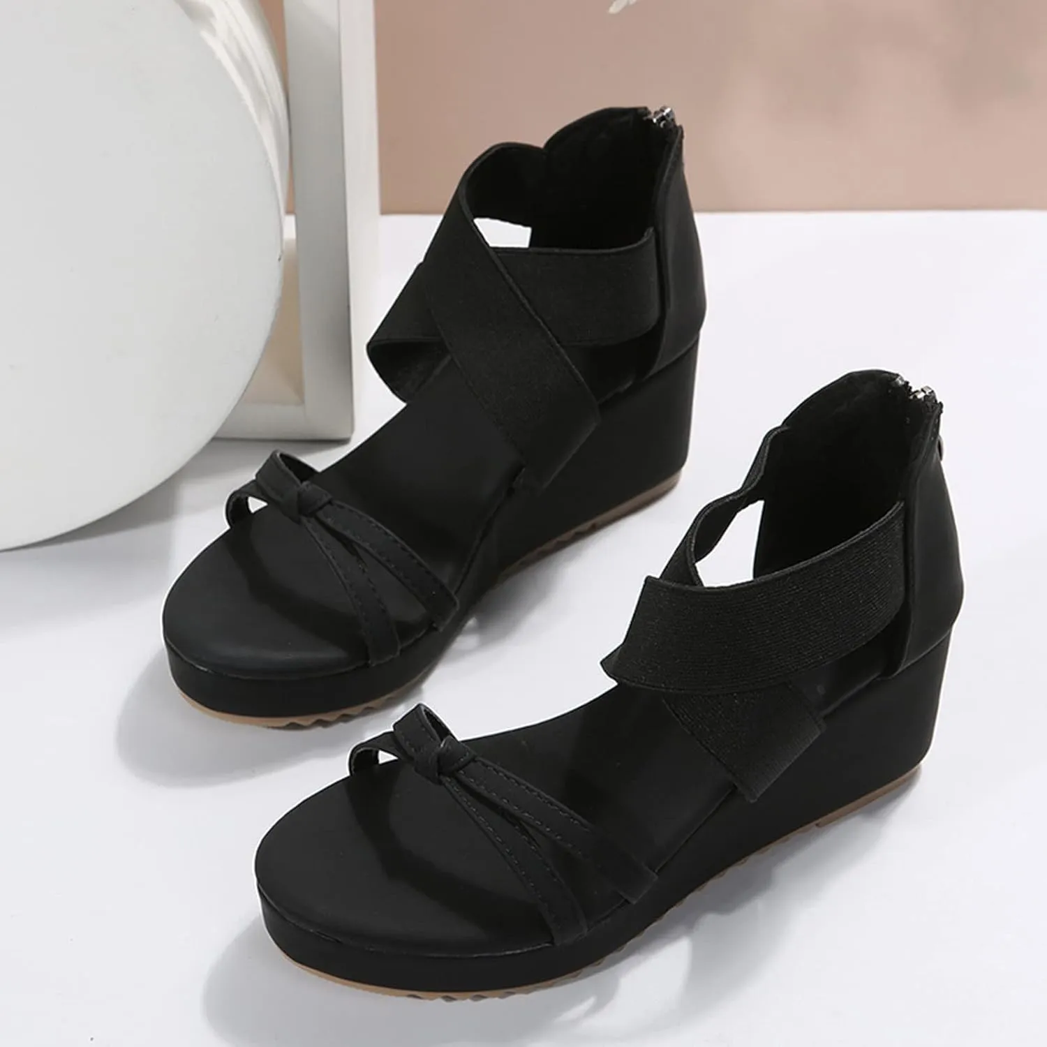 Wedge Sandals for Women Dressy Summer Fashion Cross Straps Open Toe Back Zipper Sandals Solid Casual Comfortable Outdoor Ladies Non-Slip Shoes