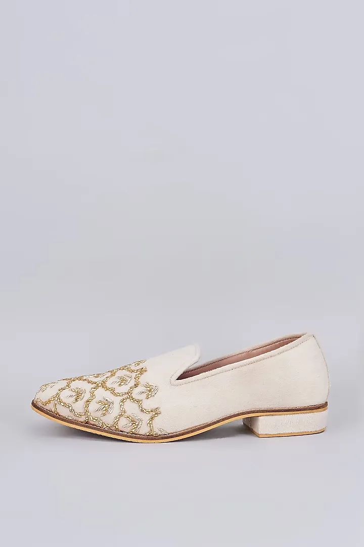 White raw silk based slip on loafers