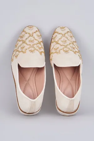 White raw silk based slip on loafers