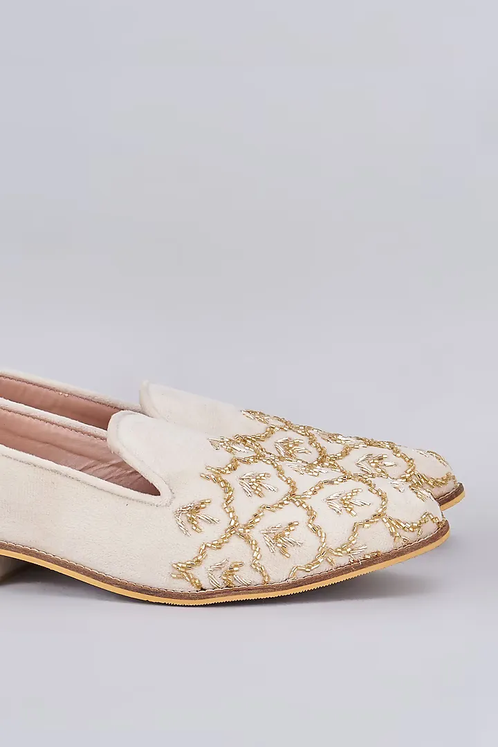 White raw silk based slip on loafers