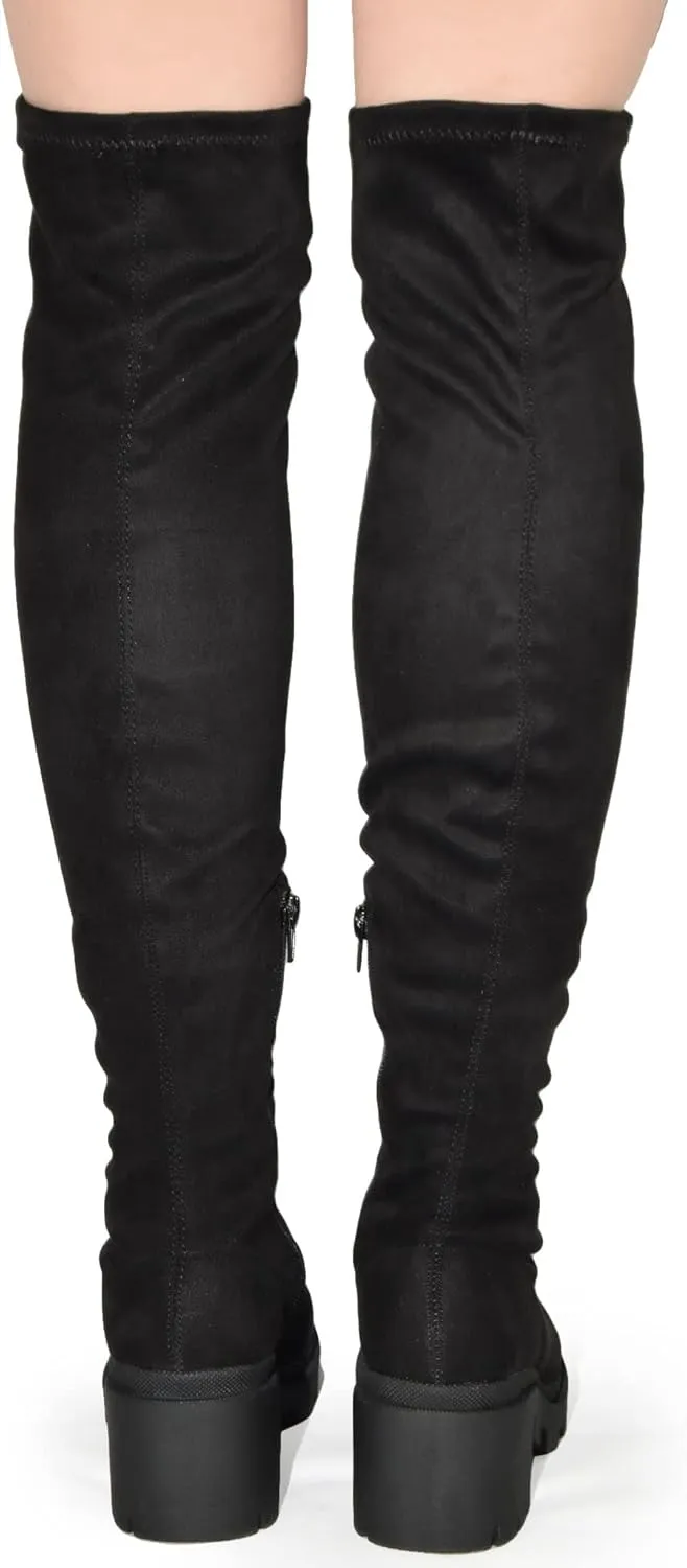Wild Diva Vivica-10 Women Round Toe Low Heel Knee High Boots Chunky Platform Heel Classics Zipper Bootes