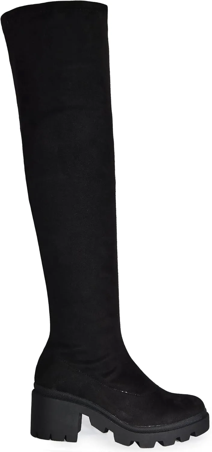 Wild Diva Vivica-10 Women Round Toe Low Heel Knee High Boots Chunky Platform Heel Classics Zipper Bootes
