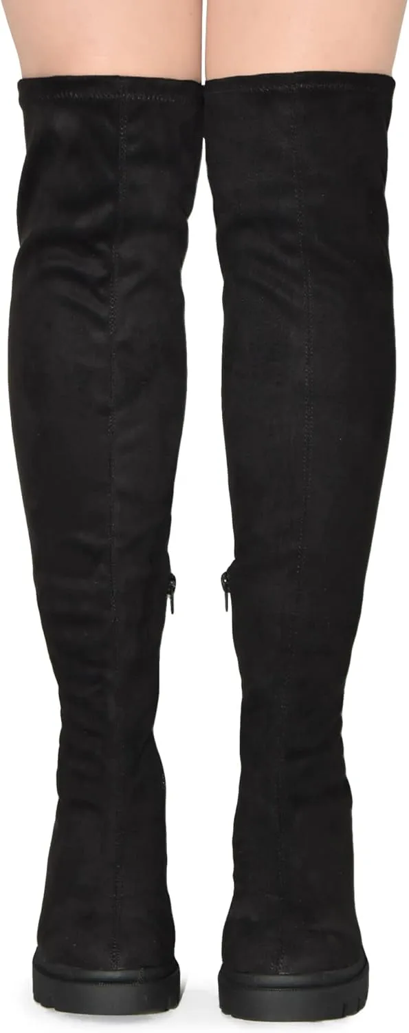 Wild Diva Vivica-10 Women Round Toe Low Heel Knee High Boots Chunky Platform Heel Classics Zipper Bootes