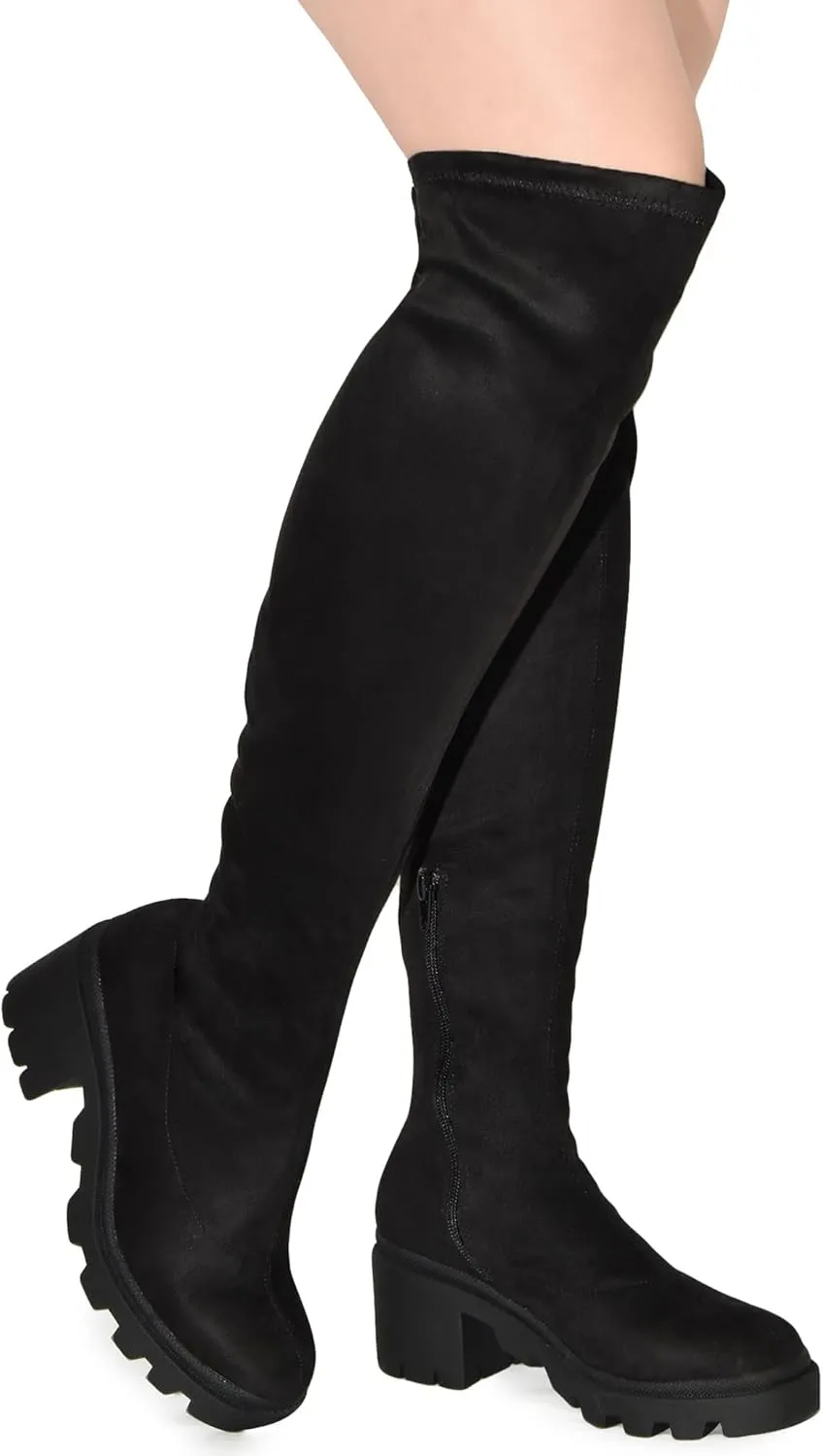 Wild Diva Vivica-10 Women Round Toe Low Heel Knee High Boots Chunky Platform Heel Classics Zipper Bootes