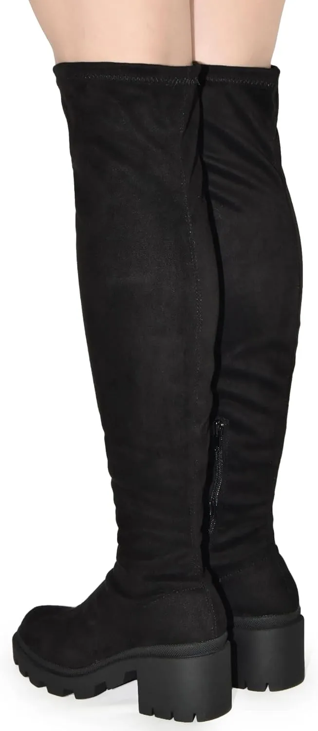 Wild Diva Vivica-10 Women Round Toe Low Heel Knee High Boots Chunky Platform Heel Classics Zipper Bootes