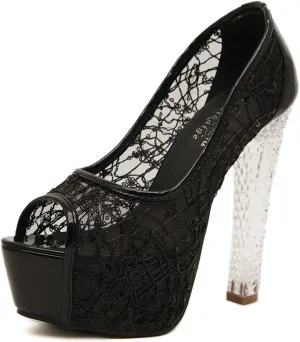 WOilERQ Women's Gold Heeled Shoes Open Toe Platform Pump Stiletto Heels Mesh Crystal Heel Sheer Sandals Summer Faux PU Wedding Bridal Heels