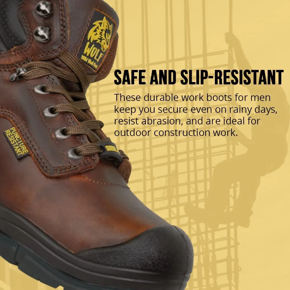 WOLF Work Boot | 100% Genuine Upper Leather | Oil, Heat, Chemical, Impact, Puncture, Abrasion Resistant | Electrical Hazards | Non-Slip Rubber Sole | Steel Toe | Padded Collar | Construction | Industrial PPE