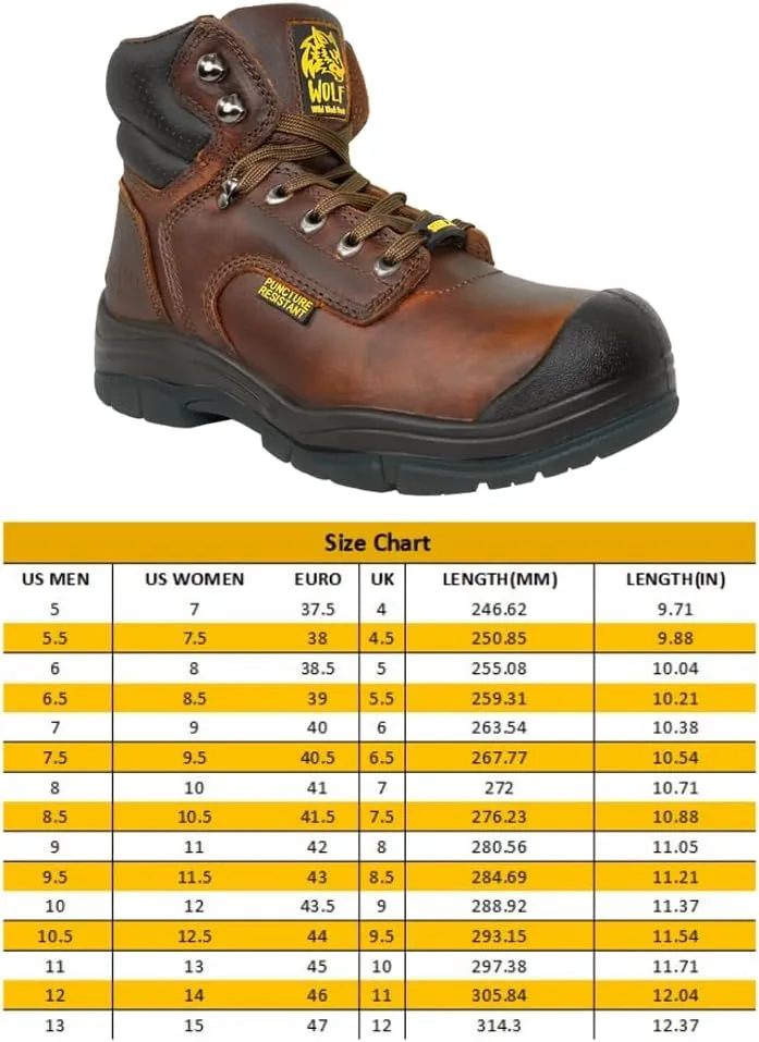 WOLF Work Boot | 100% Genuine Upper Leather | Oil, Heat, Chemical, Impact, Puncture, Abrasion Resistant | Electrical Hazards | Non-Slip Rubber Sole | Steel Toe | Padded Collar | Construction | Industrial PPE
