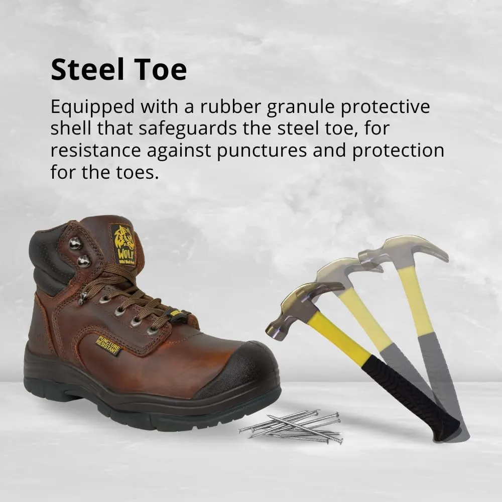 WOLF Work Boot | 100% Genuine Upper Leather | Oil, Heat, Chemical, Impact, Puncture, Abrasion Resistant | Electrical Hazards | Non-Slip Rubber Sole | Steel Toe | Padded Collar | Construction | Industrial PPE