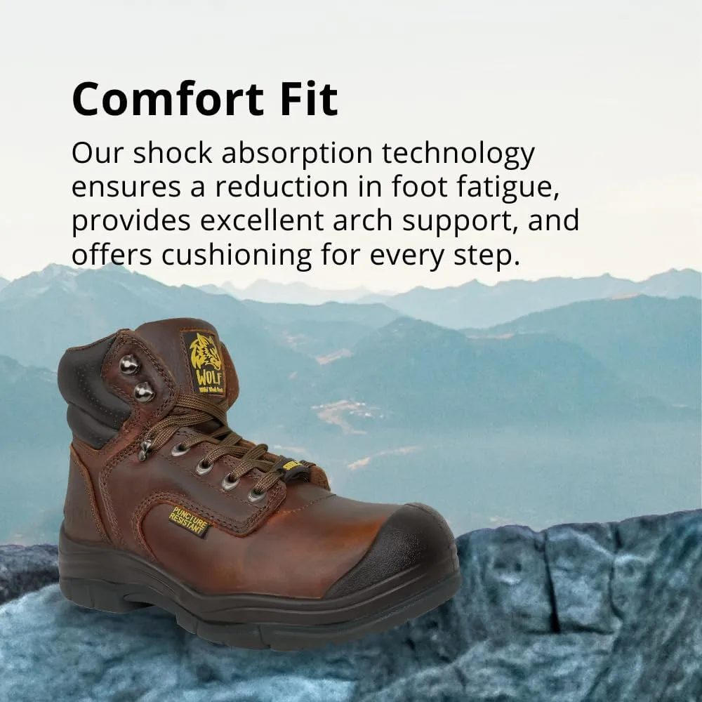 WOLF Work Boot | 100% Genuine Upper Leather | Oil, Heat, Chemical, Impact, Puncture, Abrasion Resistant | Electrical Hazards | Non-Slip Rubber Sole | Steel Toe | Padded Collar | Construction | Industrial PPE