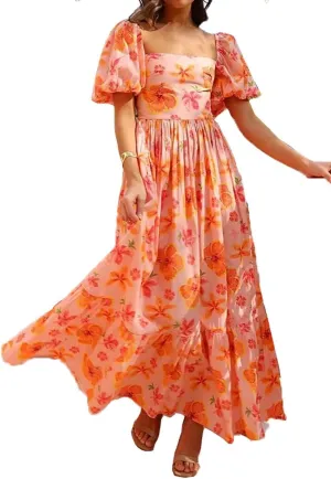 Women 2024 Summer Floral Print Boho Dress Spaghetti Straps Ruffle A Line Beach Long Maxi Dress