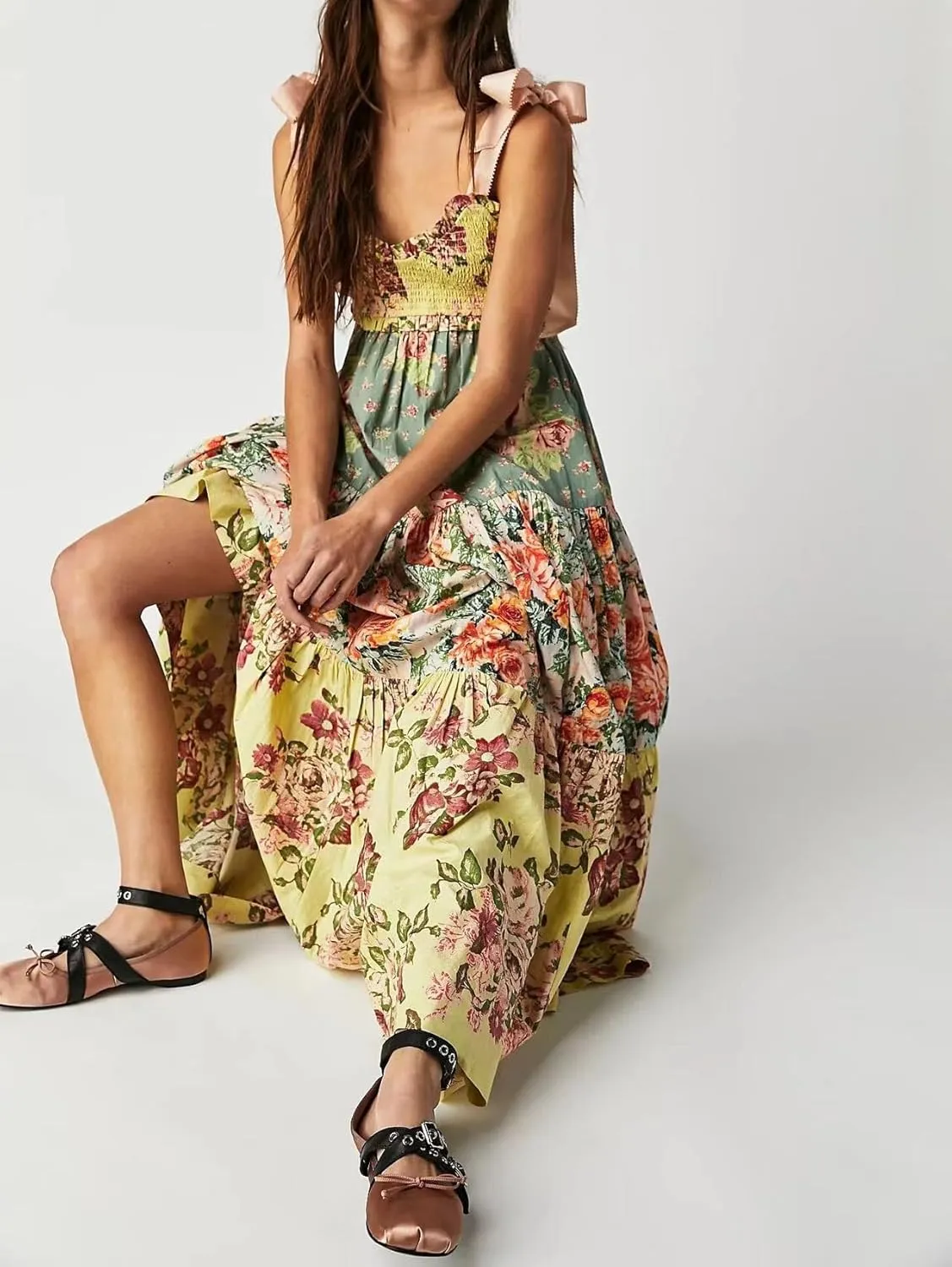 Women 2024 Summer Floral Print Boho Dress Spaghetti Straps Ruffle A Line Beach Long Maxi Dress