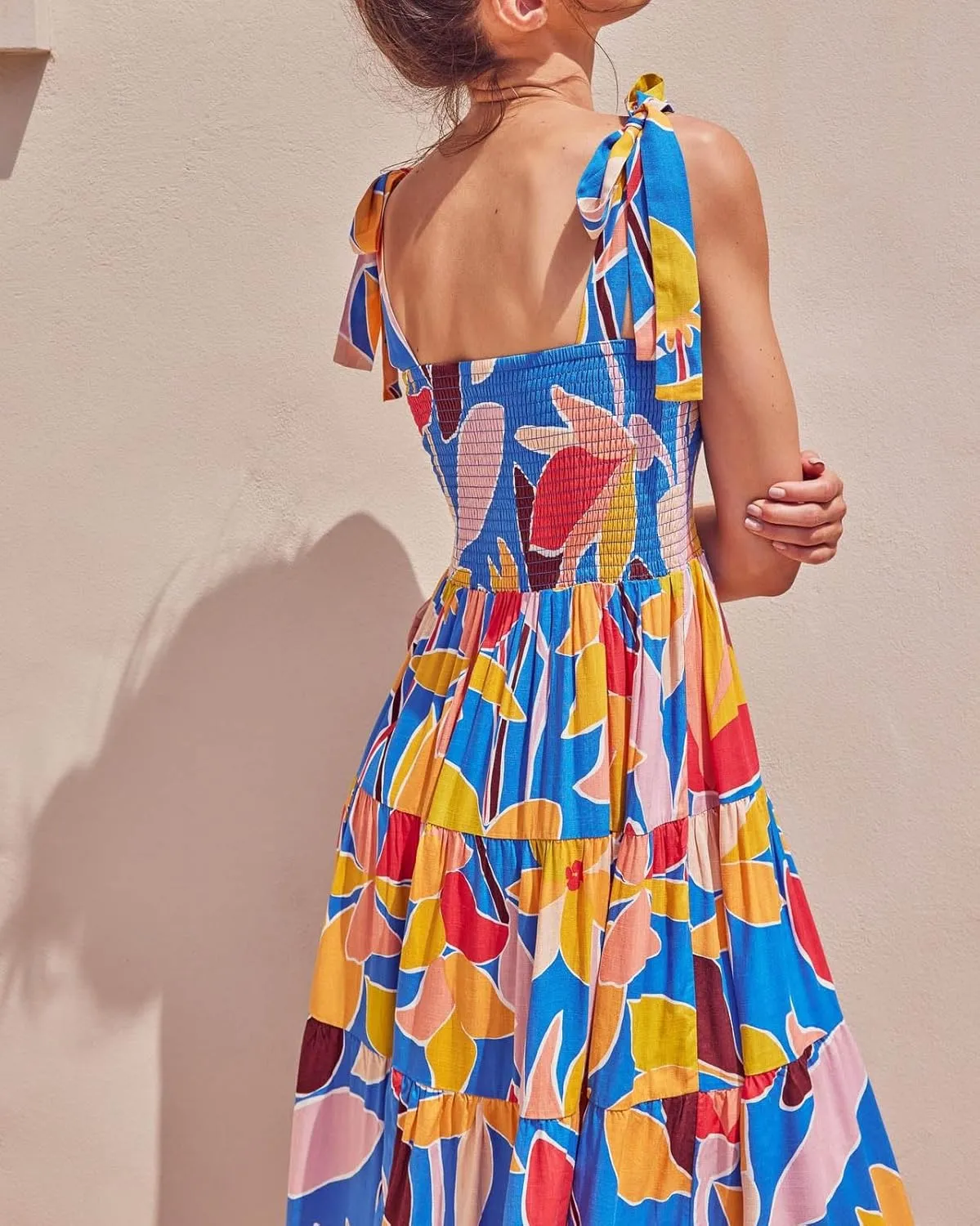 Women 2024 Summer Floral Print Boho Dress Spaghetti Straps Ruffle A Line Beach Long Maxi Dress
